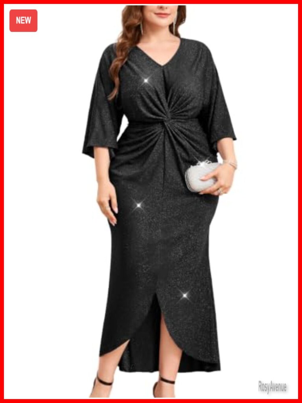 Plus Size Sparkly Midi Mermaid Dress 3/4 Sleeve Twist Waist Cocktail Formal Gown